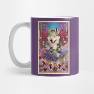 Stunning art deco painting of wolf and roses and wildflowers Mug